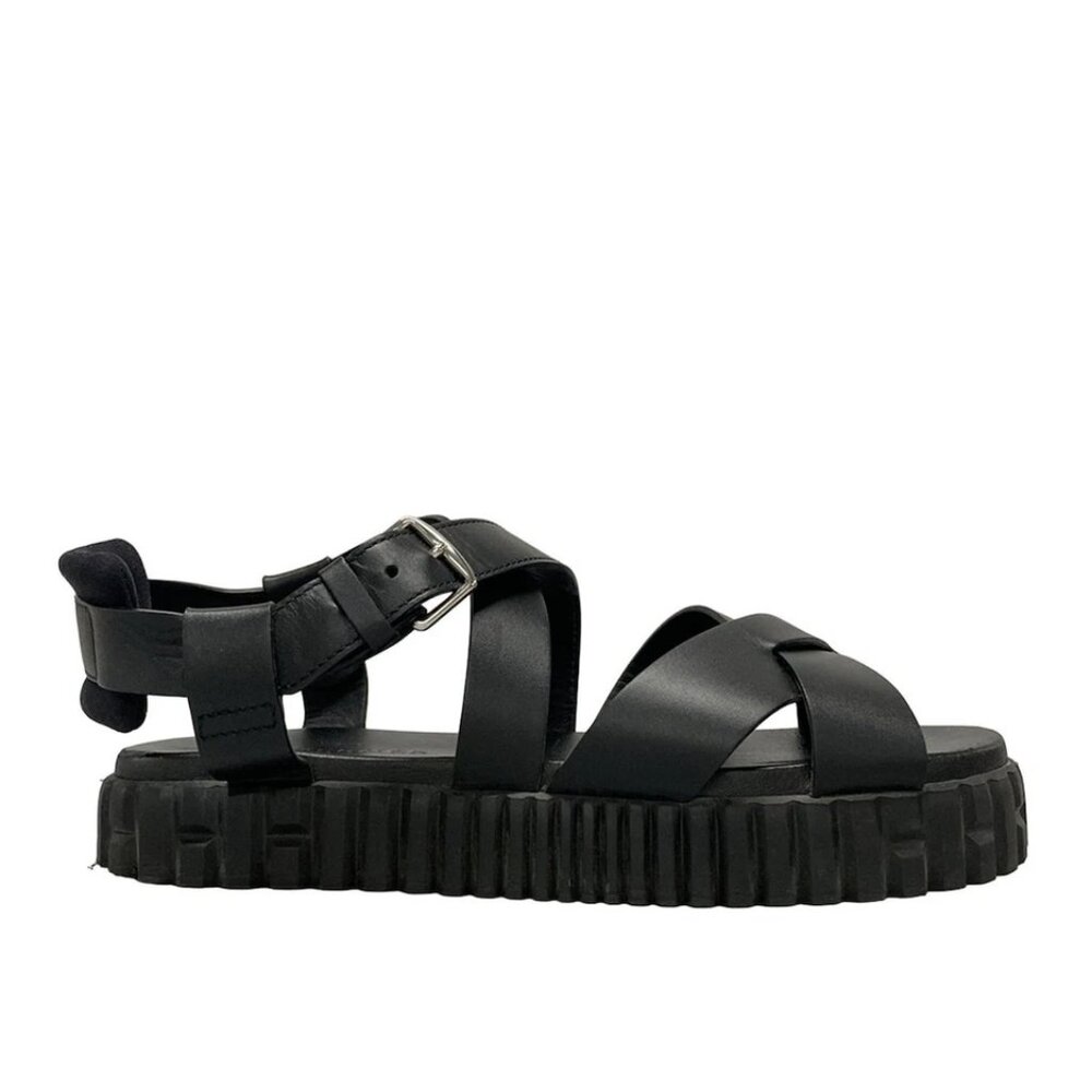 HERMES Everest - Black Leather Women's Sandals 800-073025 - Picture 2 of 14
